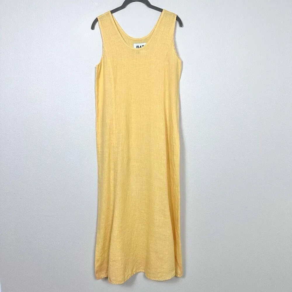 FLAX by Jeanne Engelhart 100% Linen Maxi Dress Size Petite US Small 4 - 6 Yellow